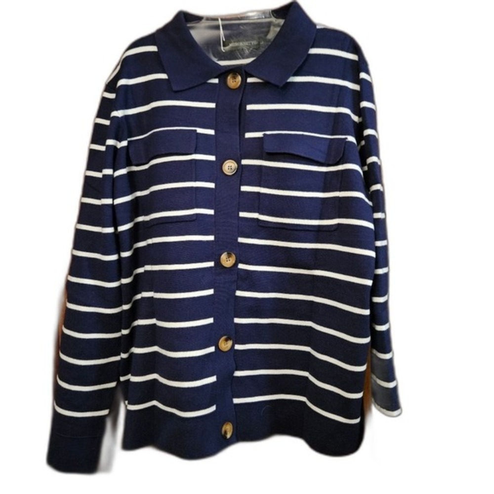 Merokeety‎ Large Navy & White Striped Button Up Cardigan Soft Knit Preppy